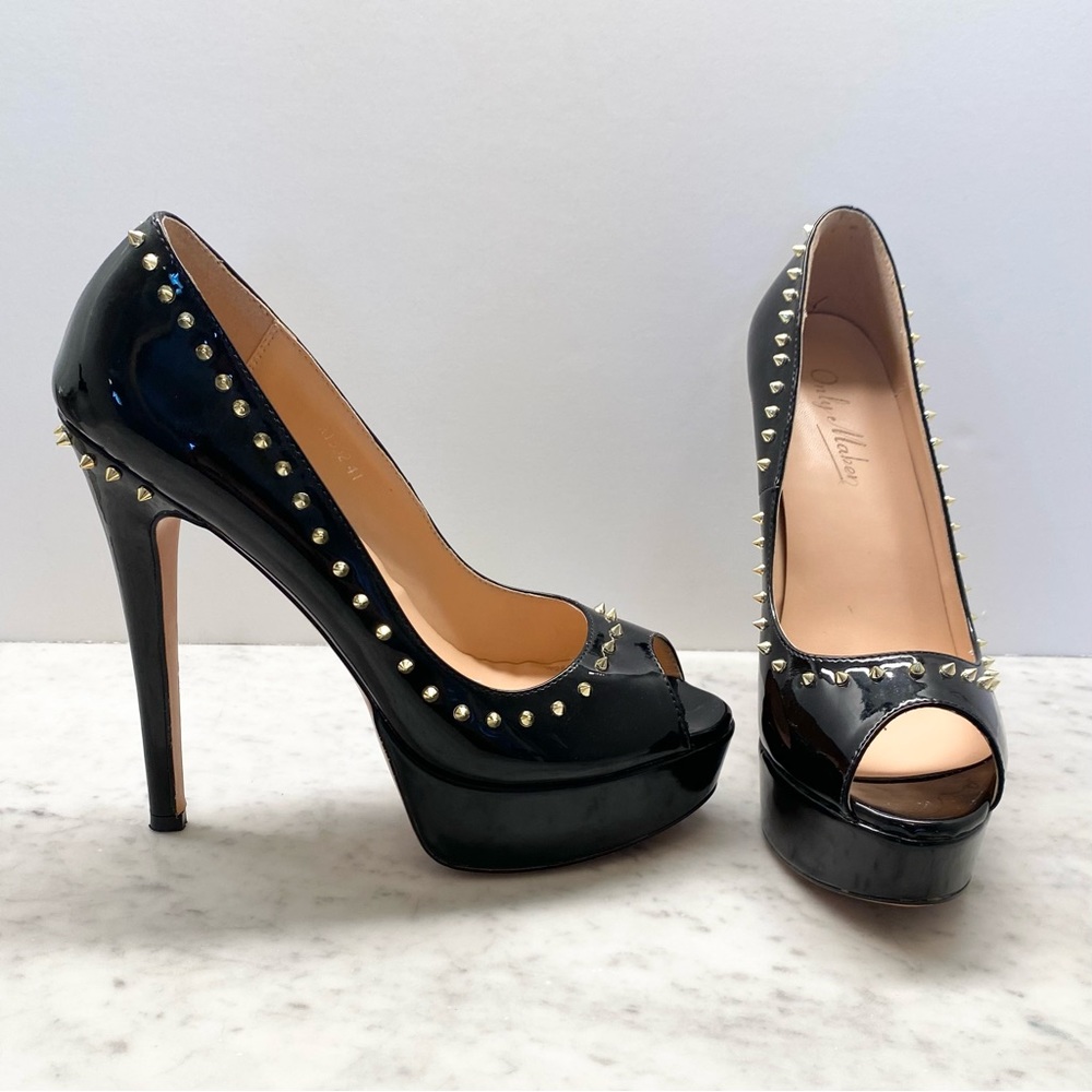 Sexy Spiked High Heels Black Patent Gold Peep Toe Platform Pumps Stiletto 10🔥